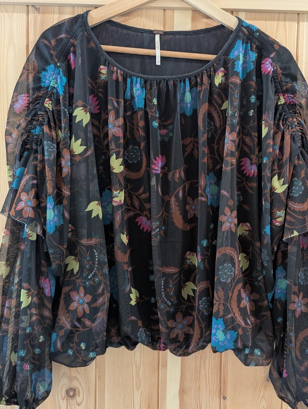 Free People Black Floral Sheer Balloon-Sleeve Blouse - Picture 2 of 8